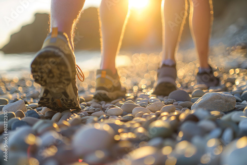 Close up of two people walking on a pebble beach, a woman in jeans and hiking boots with a man behind her photo