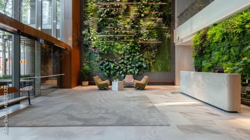Modern lobby featuring planters and green walls, integrating nature into the architectural design of the building.