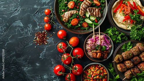 Middle eastern or arabic dishes and assorted meze on a dark background, Meat kebab, falafel, baba ghanoush, hummus, rice with vegetables, sambusak, kibbeh, pita, Halal food, Space for text, Top view photo