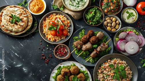 Middle eastern or arabic dishes and assorted meze on a dark background, Meat kebab, falafel, baba ghanoush, hummus, rice with vegetables, tahini, kibbeh, pita, Halal food, Space for text, Top view