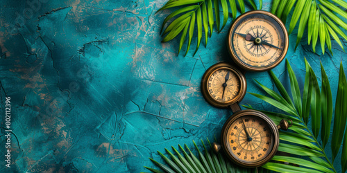 Three old fashioned clocks are placed on a blue background with palm leaves