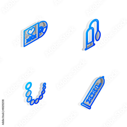 Set Isometric line Penis pump, Disc with inscription Sex, Anal beads and Condom safe sex icon. Vector