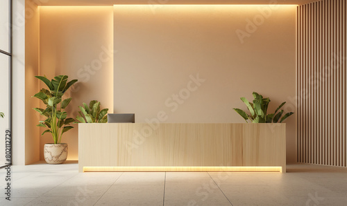 A front desk in the waiting room of an office building made from light wood with light colored walls and LED lighting on top, with a simple modern design and minimalist aesthetic