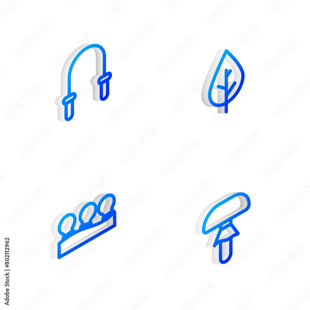 Set Isometric line Leaf, Jump rope, Vacuum cans and Mushroom icon. Vector