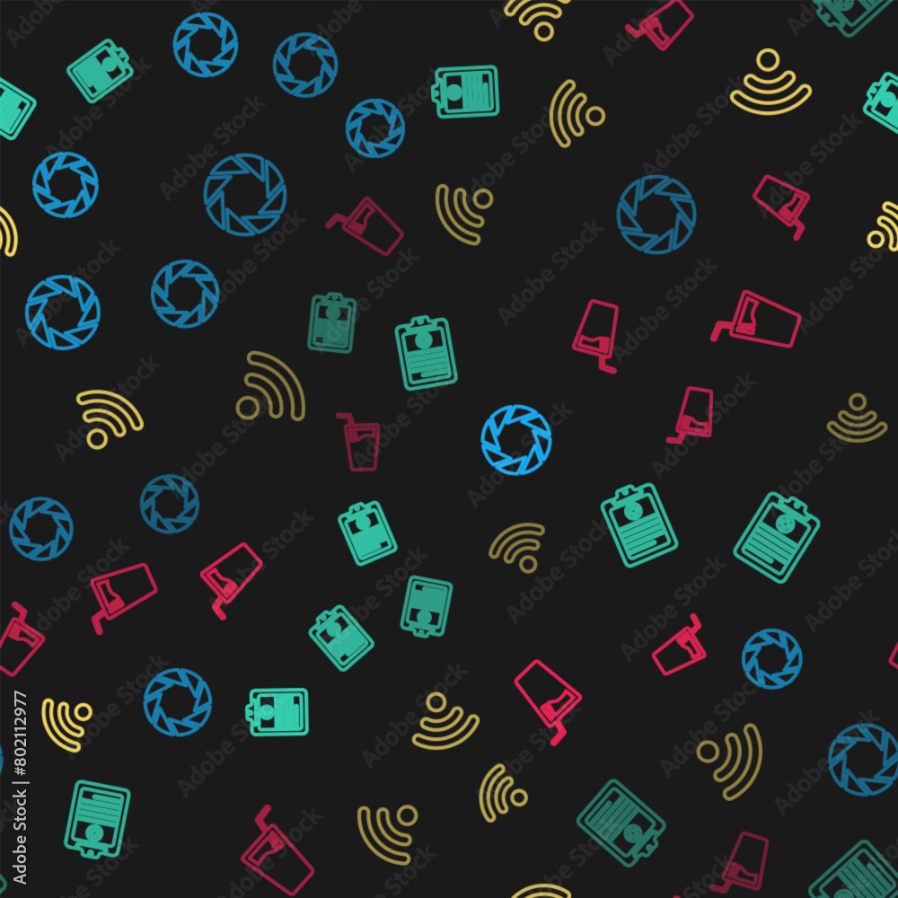 Set line Camera shutter, Clinical record, Wi-Fi wireless network and Glass with water on seamless pattern. Vector Set line Camera shutter, Clinical record, Wi-Fi wireless network and Glass with water on seamless pattern. Vector