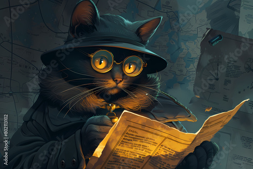  illustration of a sophisticated cat agent uncovering secrets photo