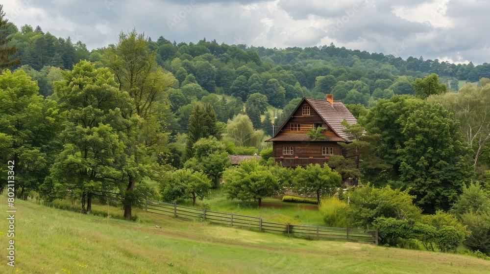 Rustic wooden house nestled in a countryside landscape, surrounded by lush greenery and rolling hills.