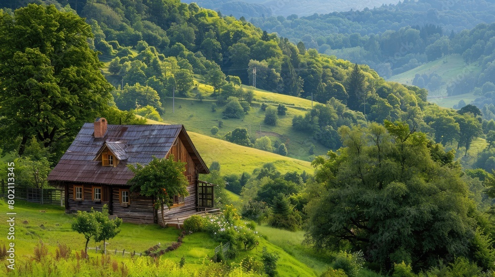 Obraz premium Rustic wooden house nestled in a countryside landscape, surrounded by lush greenery and rolling hills.