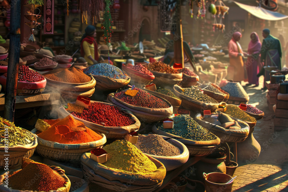 A vibrant market of spices and herbs