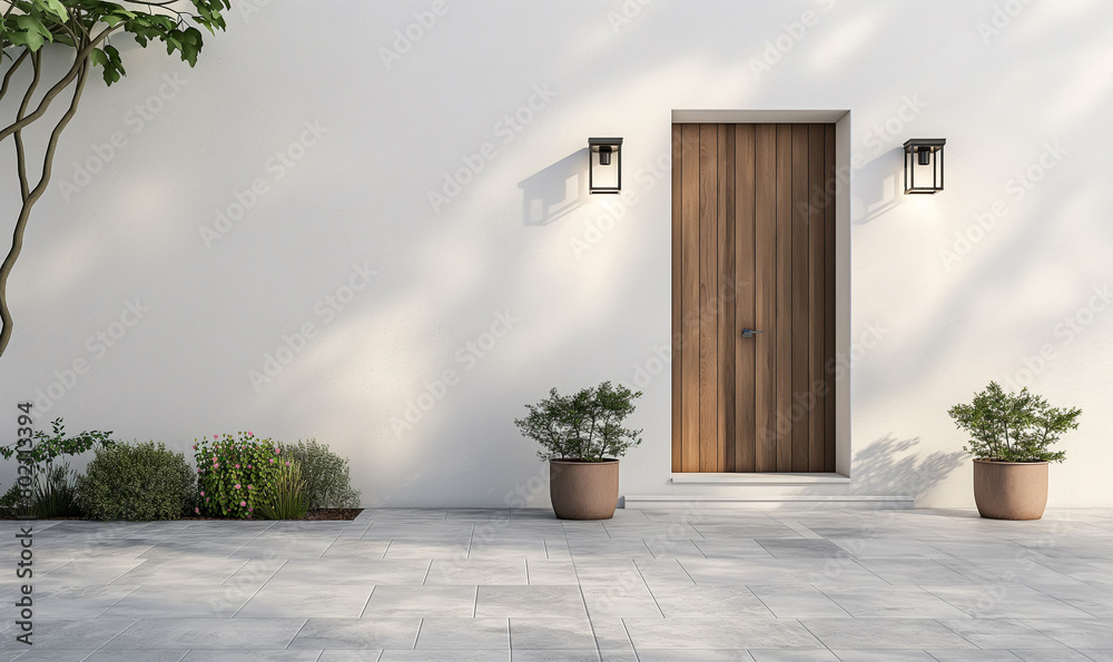 Fototapeta premium A modern front door with wall sconces and potted plants on the side, set against a white background. The entrance is framed by two square planters that add to its minimalist design