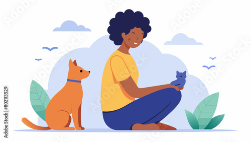 A person sitting with their pet stroking them gently with the caption Connecting with animals can also be a form of mindfulness.. Vector illustration
