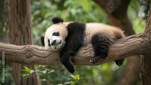 A cute panda cub sleeping on a tree,