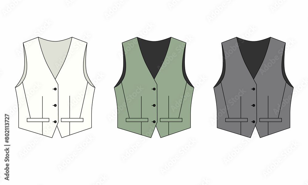 Vest Pattern Color Technical pattern of suit vest with pockets, white, green gray colors ...