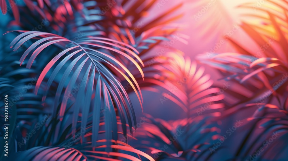 The palm trees leaves in pink radiant color tones under the suns light