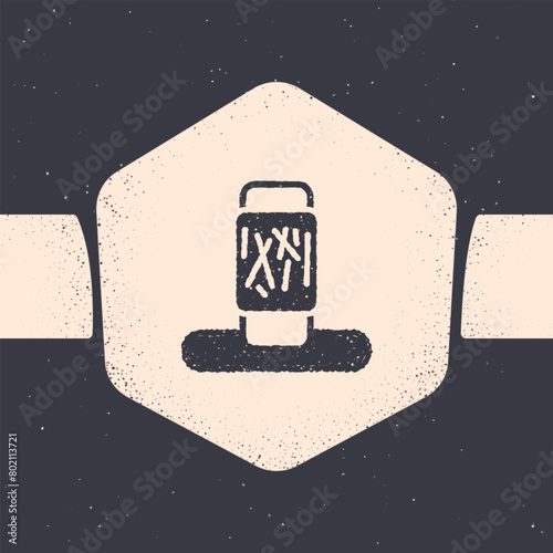 Grunge Cat scratching post with toy icon isolated on grey background. Monochrome vintage drawing. Vector