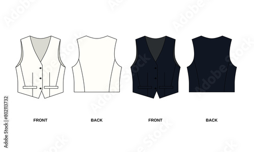 Vector technical drawing of suit vest with pockets, white and black color . Fashion vest template for women, front and back view. Outline pattern of short vest with buttons.