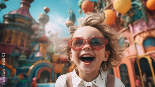 Cheerful curly kid in glasses with balloons against the backdrop of a children s amusement park with copyspace