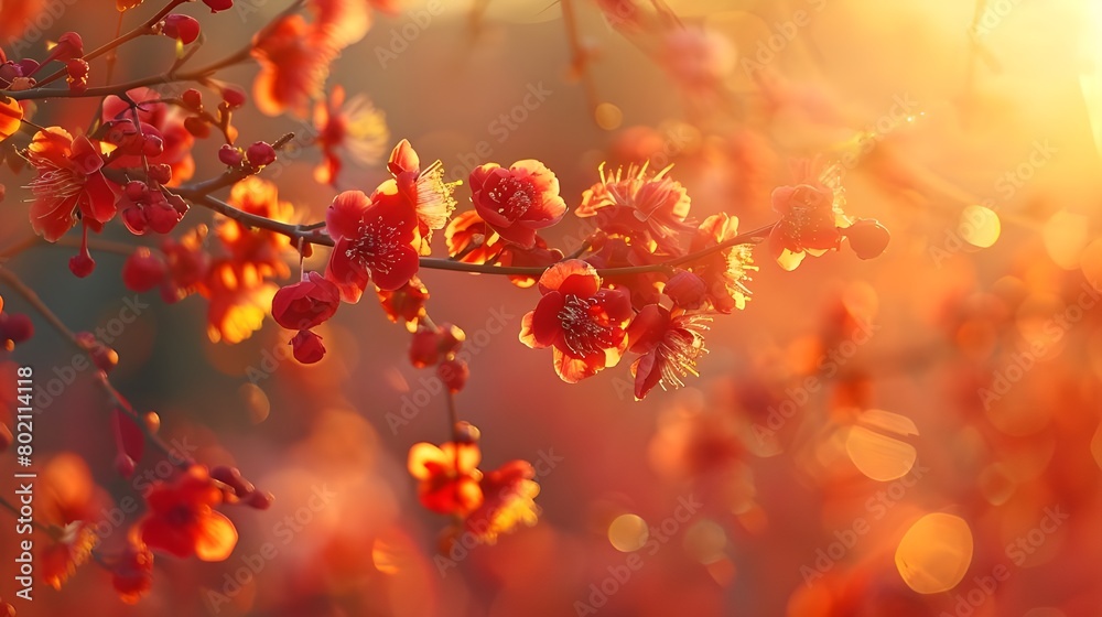 A gentle focus on the soft pink cherry blossoms against a glowing warm light background.