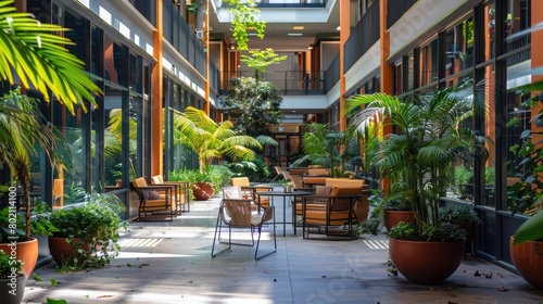 Sunlit courtyard filled with potted plants and seating areas, offering a peaceful retreat within a commercial complex.