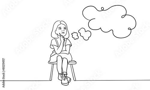 Girl thinking while sitting on a chair continuous line art drawing isolated on white background. Childhood line art drawing. Vector illustration