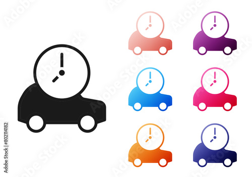 Black Electric car and electrical cable plug charging icon isolated on white background. Renewable eco technologies. Set icons colorful. Vector