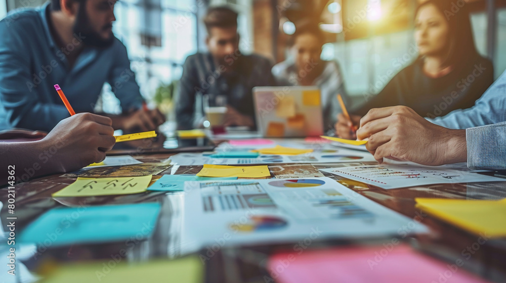 Fototapeta premium Strategic Planning with Post-it Notes and Charts at a Bustling Office Meeting.Focused team members use colorful post-its and data charts for collaborative planning.