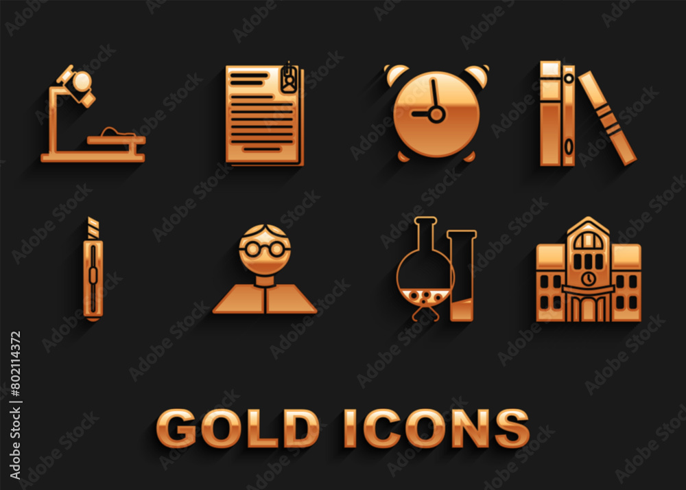 Set Student, Office folders with papers and documents, School building, Test tube flask chemical laboratory test, Stationery knife, Alarm clock, Microscope and File clip icon. Vector Set Student, Office folders with papers and documents, School building, Test tube flask chemical laboratory test, Stationery knife, Alarm clock, Microscope and File clip icon. Vector