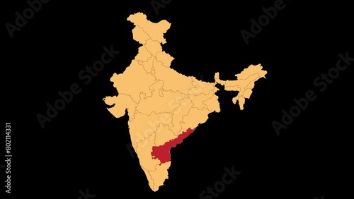 Andhra Pradesh map animated video. Andhra Pradesh location in India highlighted colour with transparent background in video format. Map animation video.