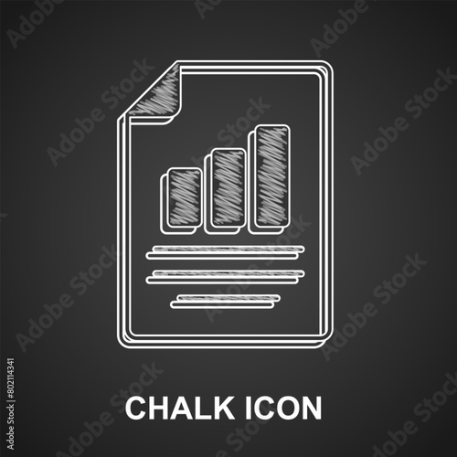 Chalk Document with graph chart icon isolated on black background. Report text file icon. Accounting sign. Audit, analysis, planning. Vector