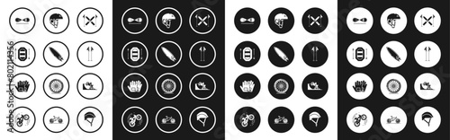Set Ski and sticks, Surfboard, Rafting boat, Skateboard trick, poles, Helmet, Bicycle on street ramp and Gloves icon. Vector