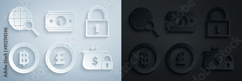 Set Coin money with pound sterling symbol, Lock, Cryptocurrency coin Bitcoin, Closed wallet lock, Stacks paper cash and Magnifying glass globe icon. Vector