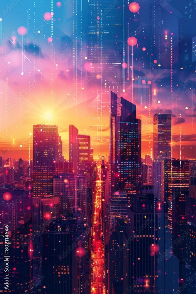 Cityscape with skyscrapers and tower blocks illuminated by city lights at dusk, futuristic business district vertical background