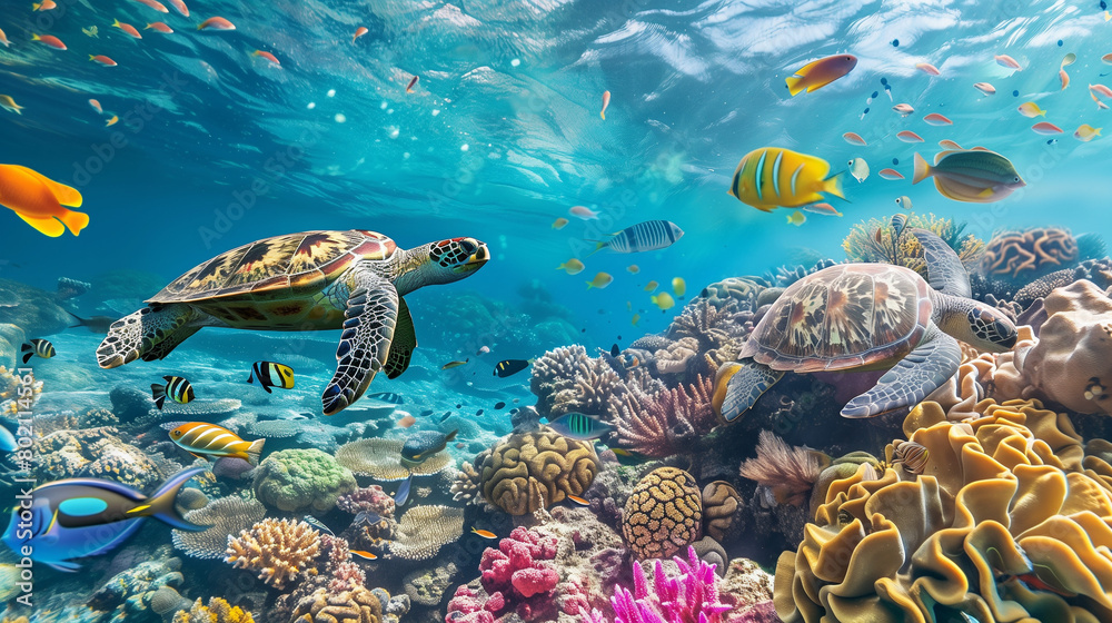 Fototapeta premium Underwater Tapestry: Celebrating the Diversity of Marine Life in Pristine Waters