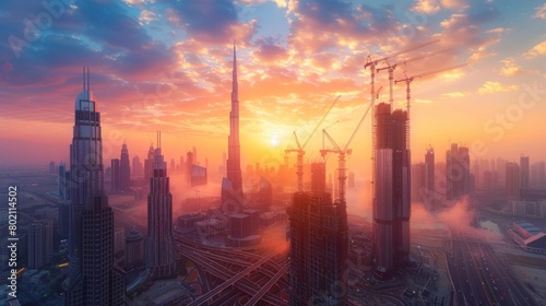 A panoramic view of a construction site with multiple tower cranes against the backdrop of a futuristic cityscape photo