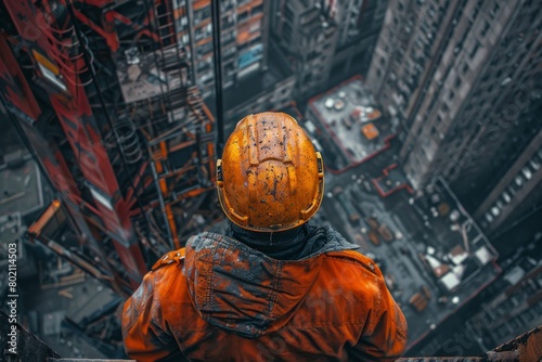 A closeup shot of a tower crane operator maneuvering heavy materials amidst the construction activity © teera