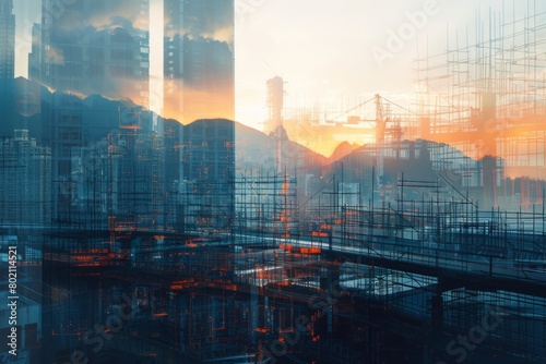 A double exposure of a construction site and a futuristic skyline merging seamlessly photo