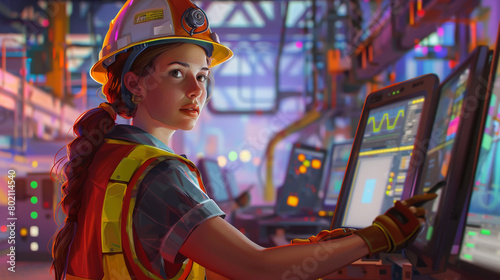 a cute woman in a hard hat and brightly colored vest working on two monitors,