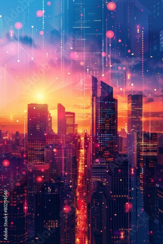 Cityscape with skyscrapers and tower blocks illuminated by city lights at dusk  futuristic business district vertical background