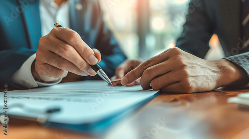 Close-up of hands and pen over a contract, signaling a significant business agreement. photo