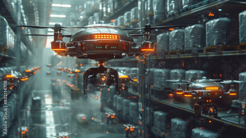 Create a futuristic image of autonomous delivery drones operating in a smart warehouse