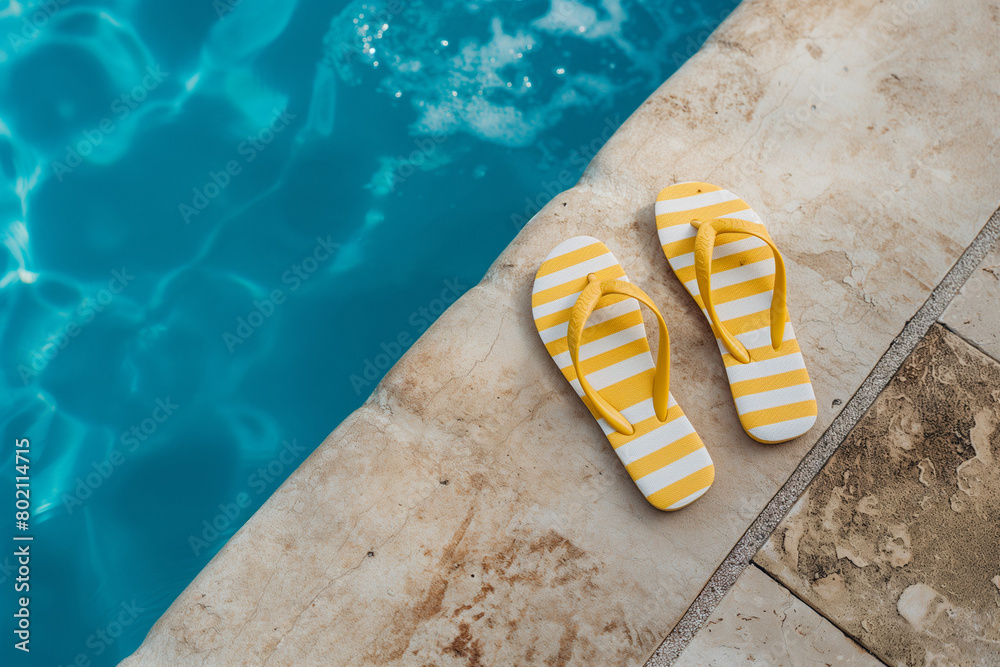 Naklejka premium Striped flipflops on the edge of an outdoor swimming pool, with blue water and beige wall in the background