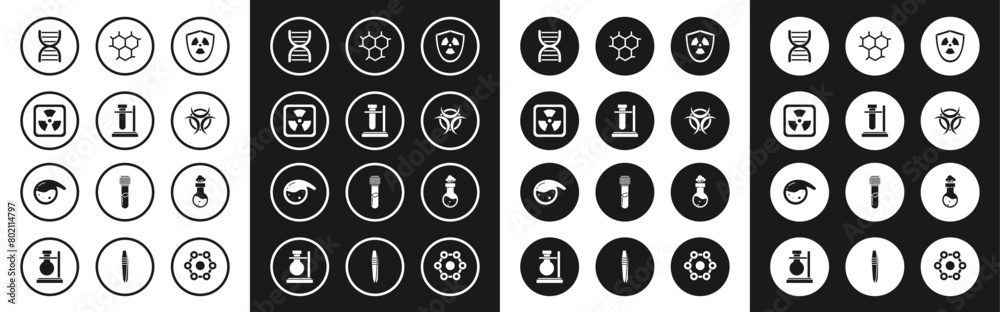 Set Radioactive in shield, Test tube flask on stand, DNA symbol, Biohazard, Chemical formula, chemical and icon. Vector Set Radioactive in shield, Test tube flask on stand, DNA symbol, Biohazard, Chemical formula, chemical and icon. Vector