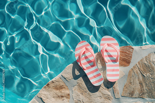 Striped flipflops on the edge of an outdoor swimming pool, with blue water and beige wall in the background