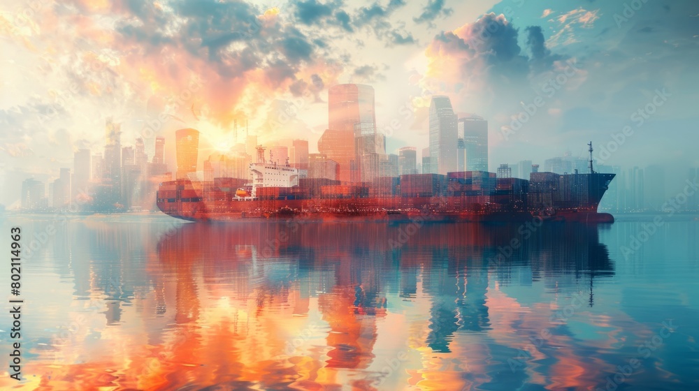 Double exposure of a cargo maritime ship unloading goods at a hightech port and a bustling construction site nearby
