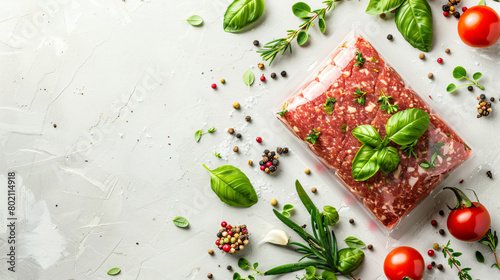 Composition with plastic package of fresh minced meat photo