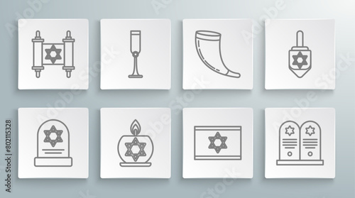 Set line Tombstone with star of david, Jewish goblet, Burning candle in candlestick, Flag Israel, Traditional ram horn, shofar, Hanukkah dreidel and Torah scroll icon. Vector