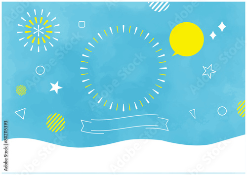 夏の青空と海　打ち上げ花火 旅行セールイベントバナー　ベクターイラスト