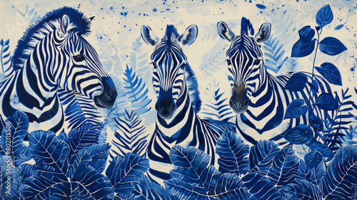 Three zebras are standing in a field of green leaves