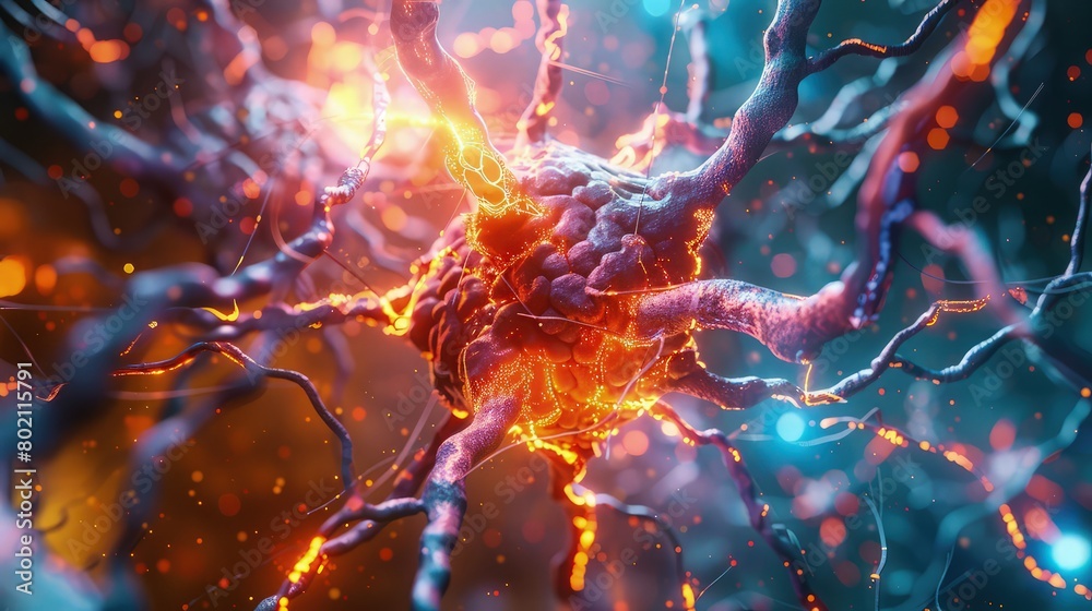 A futuristic image of a stomach represented as a holographic display showing signs of stress and cracks in its structure due to drug effects. with fire in stomach