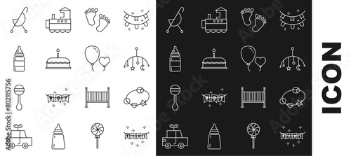 Set line Carnival garland with flags, Rattle baby toy, Baby crib hanging toys, footprints, Cake burning candles, bottle, stroller and Balloons form of heart icon. Vector